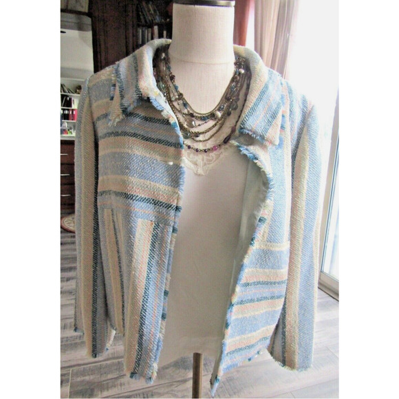 Chanel Blue & Beige Striped Wool Blend Jacket Coat Size 42, Medium - Picture 2 of 12